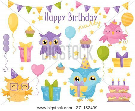 Cute Colorful Owlets, Design Elements For Birthday Party Can Be Used For Birthday Cards, Invitations