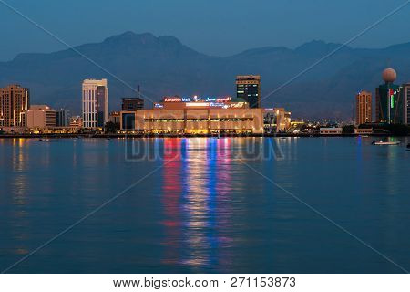 Ras Al Khaimah, United Arab Emirates - November 27, 2018: Naeem Mall In Ras Al Khaimah Downtown Refl