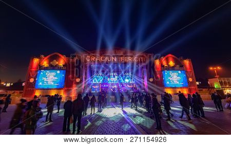 Bucharest, Romania - December 25, 2017: Christmas Celebration Outdoor In Revolutiei Market Square Wi