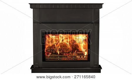 Burning Black Fireplace Isolated On White Background.