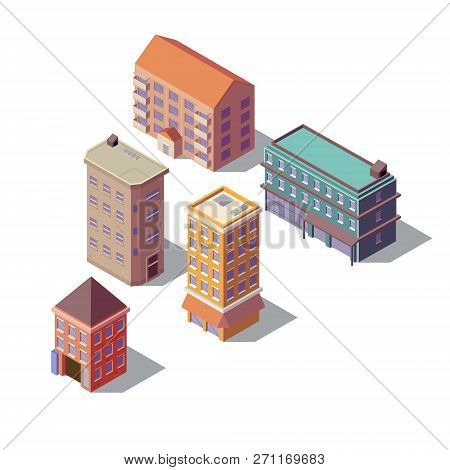 Isometric Set Of Modern Buildings, High Towers With Business Offices, Residential Multistorey Constr