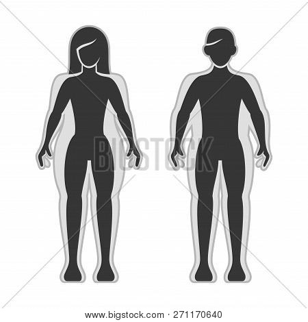 Fat And Slim Man And Women Silhouette Set. Vector