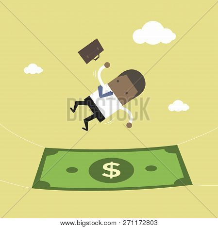 African Businessman Falling Into A Money Banknote. Business Concept