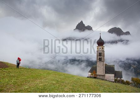 san Valentino church on a foggy late autumn day, Siusi allo Sciliar, Castelrotto, Dolomites, Italy