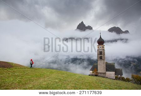 san Valentino church on a foggy late autumn day, Siusi allo Sciliar, Castelrotto, Dolomites, Italy