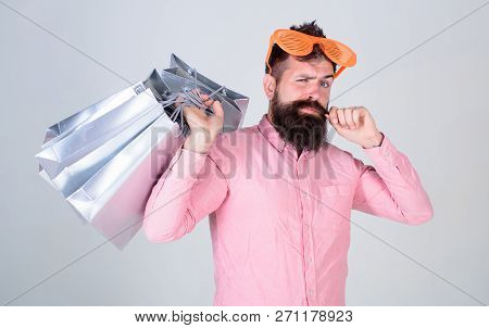 Shopping On Black Friday. Happy Shopping With Bunch Paper Bags. Shopping Addicted Consumer. Man Bear