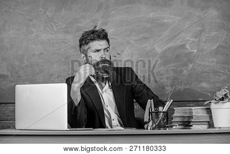 Teacher Concentrated Bearded Mature Schoolmaster Listening With Attention. Teacher Formal Wear Sit T