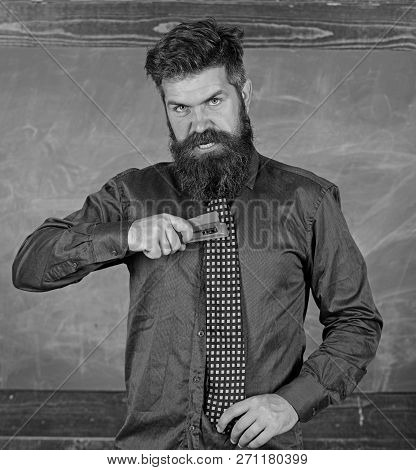 School Accident Prevention. School Stationery. Man Scruffy Use Stapler Dangerous Way. Hipster Teache