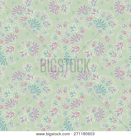 Purple Green Pastel Colored Ditsy Flowers Seamless Vector Repeat Pattern Background
