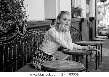 Whom Should I Call. Woman Curious Face Sit With Smartphone Cafe Terrace Urban Background. Lady Looki