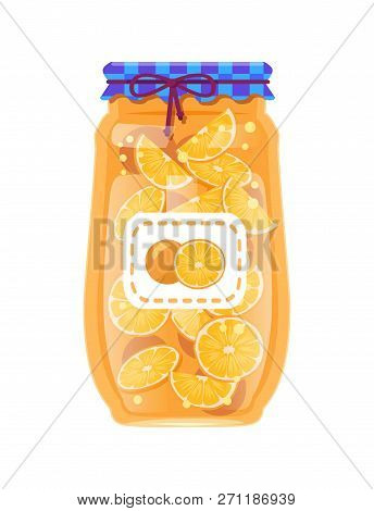 Labeled Glass Jar With Preserved Oranges. Citrus Fruit Conserve In Bottle With Rustic Decorated Text