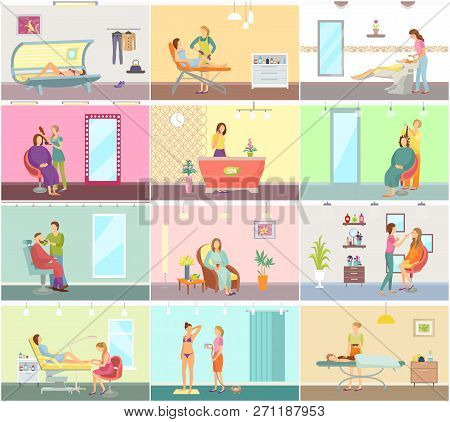 Hair Styling And Receptionist Makeup Set Vector. Tanning In Solarium, Depilation Epilation, Visage A