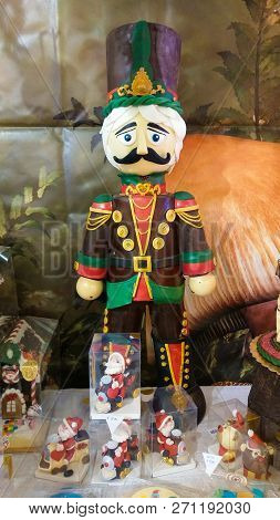 Viterbo, Italy - November 25, 2018: Chocolate Nutcracker Soldier At Caffeina Christmas Village Of Vi