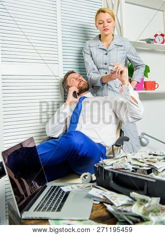 Accomplices Financial Fraud Crime. Man And Woman Earn Money On Mobile Conversation Fraud. Blackmail 