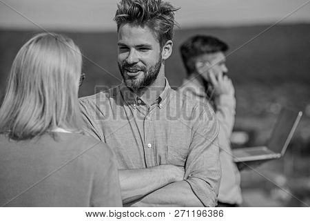 Couple Having Fun While Busy Businessman Speak On Phone. Flirt And Love Affair Concept. Husband Losi