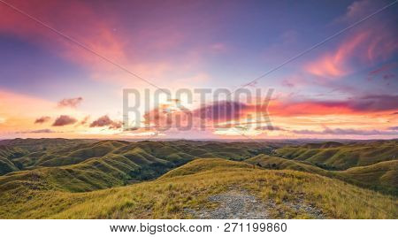 Sunset sky, green grassland. Panorama. Sumba, Indonesia. Magnificent scene the meadow on the colorful sunset sky background. The beauty of Sumba island, Indonesia. Idyllic place for relax.