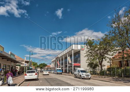 Clanwilliam, South Africa, August 22, 2018: A Street Scene, With Businesses, People And Vehicles, In