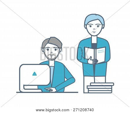 Males Collaboration And Teamwork Of People Working In Same Business Field Vector. Person With Docume
