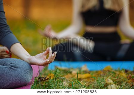 Young Practitioners Doing Yoga Exercises In Park. Women Meditate Outdoor Infront Of Beautiful Autumn