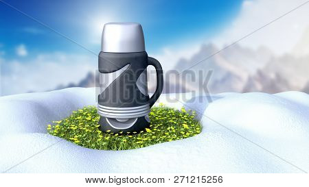 Concept Of Warm Mugs Thermomug Standing On The Grass To Melt The Snow 3d Render