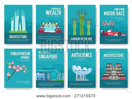Country Singapore Travel Vacation Guide Of Goods, Places And Features. Set Of Architecture, Items, N