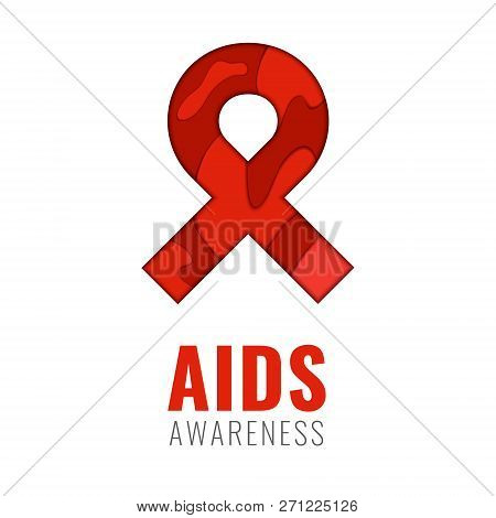 Aids Awareness Poster. Red Ribbon Made In 3d Paper Cut And Craft Style On White Background. Symbol O