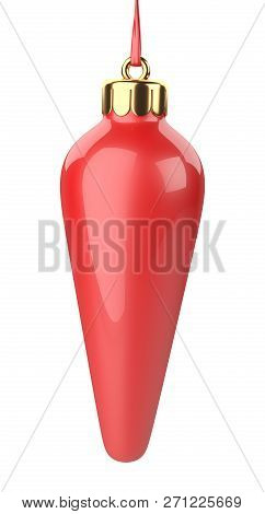 Long Red Glosy Christmas Ball Toy For Fir Tree. Isolated On White Background 3d Illustration.