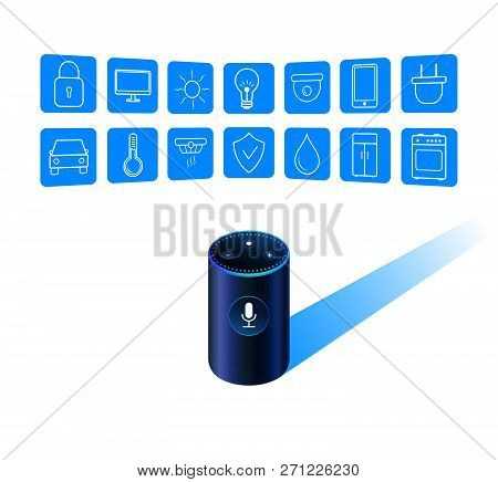 Smart Speaker Assistant For Smart Home Control. Intelligent Ivr Voice Activated Assistant.  Icons Of