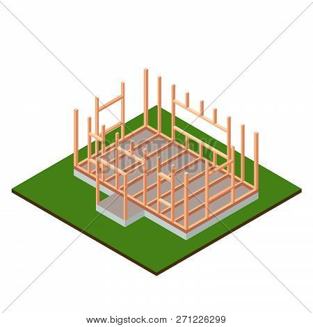 Timber Frame House Base Construction Design. Isometric Concept. Wood Frame Under Construction. Isola