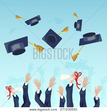 Vector Concept Illustration Cartoon Happy Students. Image Group Students Hand Throwing Up Academic H