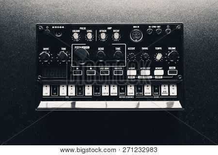 black analog synthesizer, close-up view