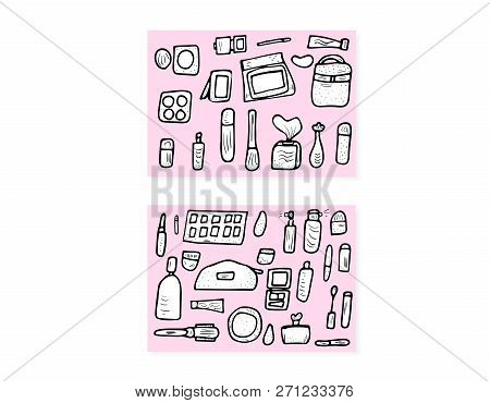 Vector Cards Of Beauty Items. Set Of Doodle Style Cosmetic Tools. Makeup Collection.