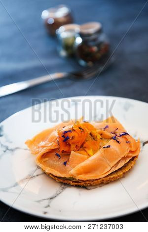 Asparagus salmon tartlets chiffonade, pickled vegetables, creamy creamy