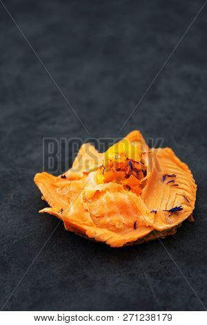Asparagus salmon tartlets chiffonade, pickled vegetables, creamy creamy