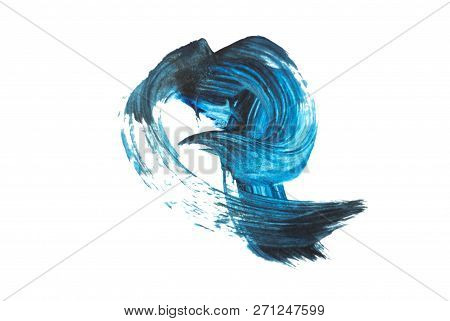 Oil Acrylic Paint Color Blue Dark Color. Hand-drawn Swabs And Splash