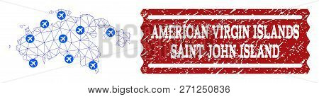 Air Ticket Collage Of Polygonal Mesh Map Of Saint John Island And Dirty Stamp Seal. Vector Red Seal 