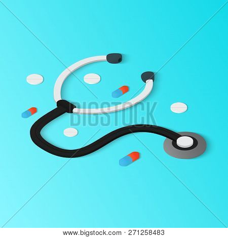Stethoscope And Medical Pills.3d Isometric Illustration