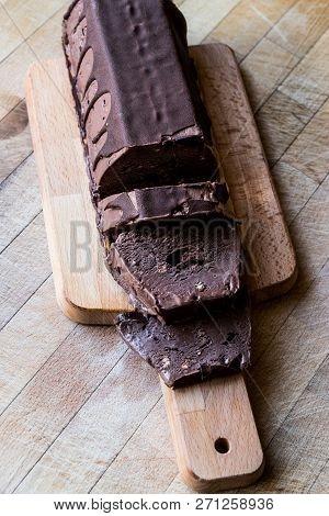 Semifreddo Cake - Ice Cream With Chocolate Sauce. (semi-frozen Dessert).