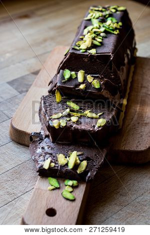 Semifreddo Cake - Ice Cream With Chocolate Sauce And Peanut (semi-frozen Dessert).