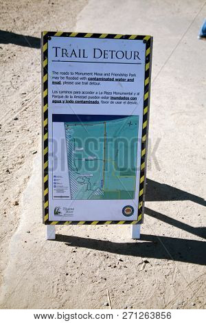 San Ysidro, California - 11/26/2018: Signs seen at the US/Mexico border. Warning, Do not cross, Directional and Location signs at the border between the USA and Mexico. Close to San Diego California.