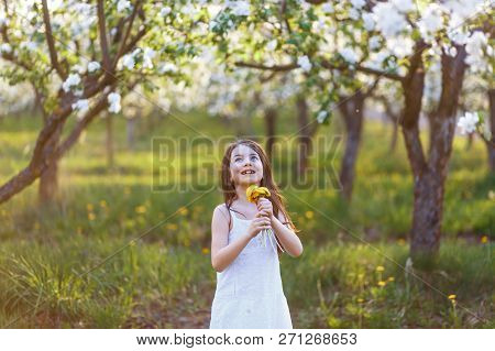 Portrait Of A Beautiful Young Girl With Blue Eyes In White Dress In The Garden With Apple Trees Blos