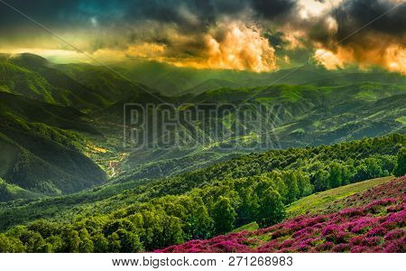 Panorama Over The Rau Sadului Village, Romania Magura Peak, Cindrel Mountains, Sibiu County, Romania