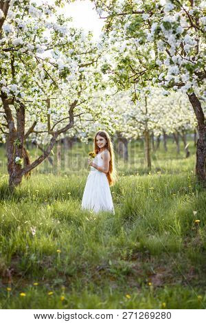 Portrait Of A Beautiful Young Girl With Blue Eyes In White Dress In The Garden With Apple Trees Blos
