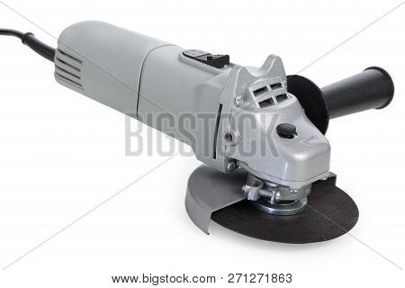 Angle Sander Machine Tool With Abrasive Disc Isolated On White Background.