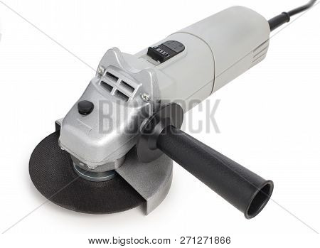 Angle Sander Machine Tool With Abrasive Disc Isolated On White Background.