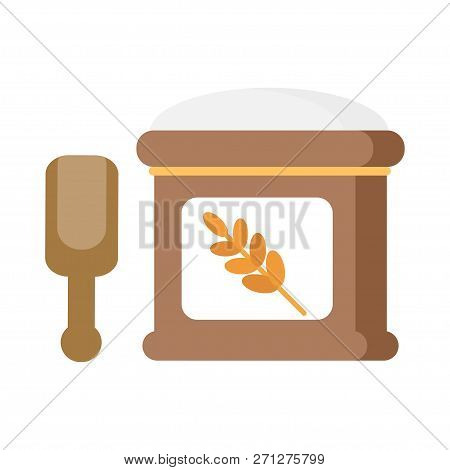 White Flour In A Package And A Wooden Spoon, Isolated On A White Background. Vector Illustration, Ep