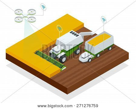 Isometric Modern Smart Robots In Agriculture, Iot Smart Industry Robot 4.0 Combined Harvester-thresh