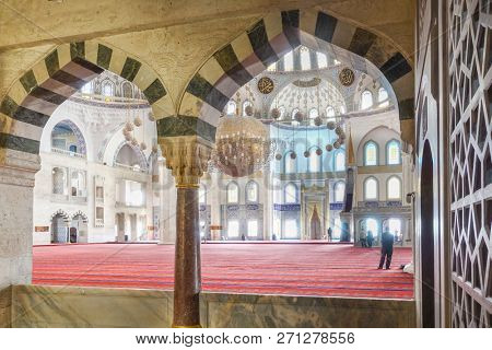 Ankara / Turkey - OCTOBER 20 2018: Kocatepe Mosque interior details. The Mosque is the biggest one in Ankara and a tourist magnet with its architectural details.