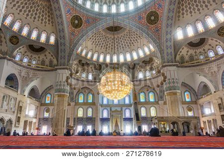 Ankara / Turkey - OCTOBER 20 2018: Kocatepe Mosque interior details. The Mosque is the biggest one in Ankara and a tourist magnet with its architectural details.