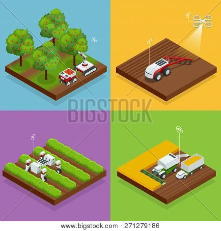 Isometric Agriculture Automatic Guided Robots Harvest Fruit From Trees And Harvest Berries, Combined
